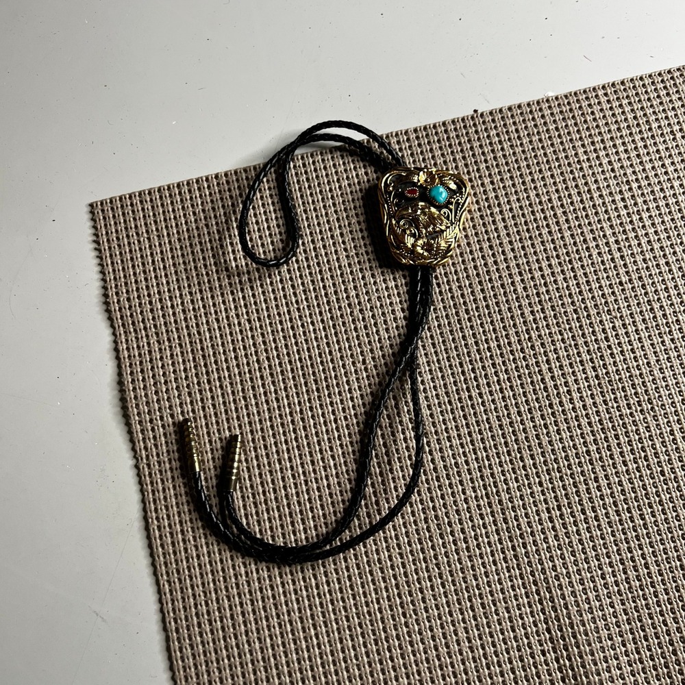 Vintage SSI Eagle Bolo Tie Gold Tone Turquoise Red Stone Western Cowboy Accessor